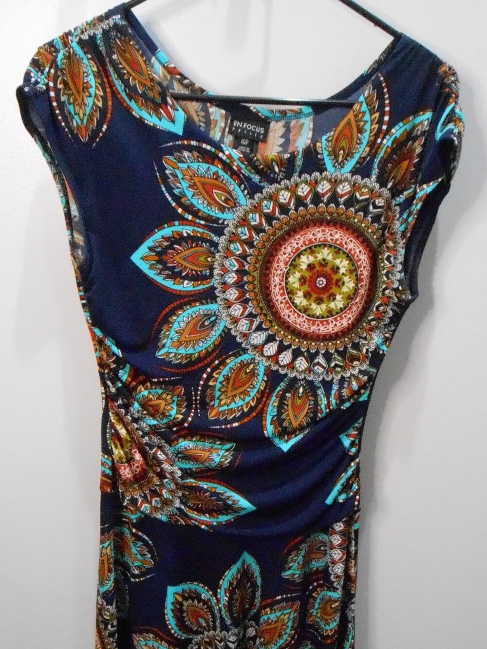 Enfocus Petite Women's Navy Blue Teal Brown White Aztec Sleeveless Dress-10P